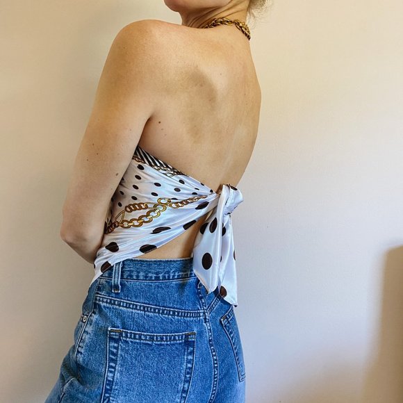 Satin Chocolate Polkadot Gold Chain Scarf Top - Picture 2 of 8